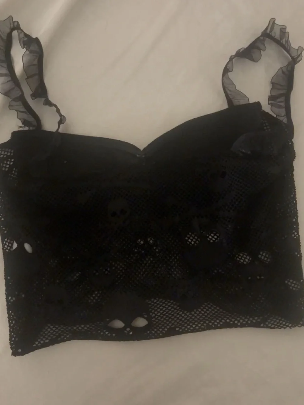 No Boundaries Black Lace Bandeau with Ruffle Straps and White Bow